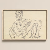 Nude Self Portrait - Egon Schiele Fine Art Print / Canvas Minimalist Line Seated Figure Light Wood Frame Schiele’s, Self-portrait Hisses,