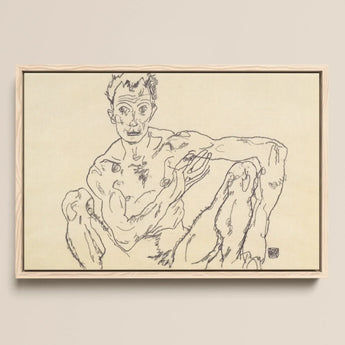 Nude Self Portrait - Egon Schiele Fine Art Print / Canvas Minimalist Line Seated Figure Light Wood Frame Schiele’s, Self-portrait Hisses,