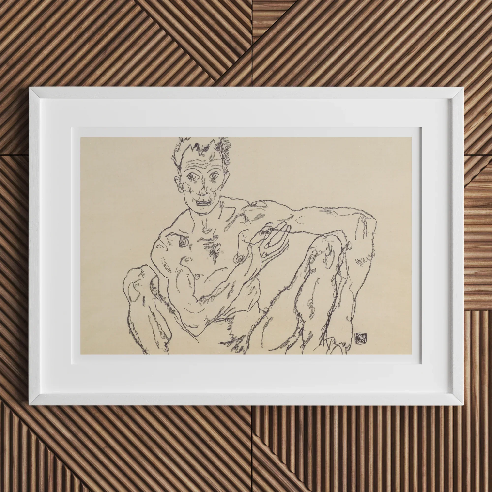 Nude Self Portrait - Egon Schiele Fine Art Print, Framed Seated Nude Figure