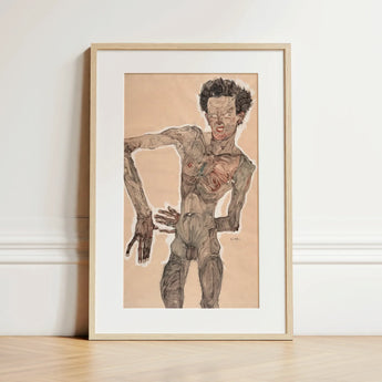 Nude Self-portrait Grimacing - Egon Schiele Art Print / Canvas, 12x18’’ / 31x46cm / Natural Frame / Matboard, Posters Prints & Visual