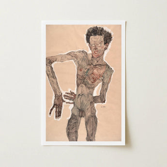 Nude Self-portrait Grimacing - Egon Schiele Art Print / Canvas Framed Schiele’s Expressive Sketch-style Portrait Gaunt, Austrian Winter