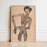 Nude Self-portrait Grimacing - Egon Schiele Art Print / Canvas Framed Artwork Gaunt Expressive Figure Earthy, Austrian Winter Prints