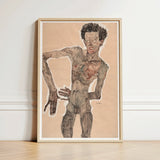 Nude Self-portrait Grimacing - Egon Schiele Art Print / Canvas Framed Schiele-style Gaunt Expressive Figure Dark Curly, Austrian Winter