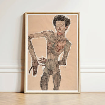 Nude Self-portrait Grimacing - Egon Schiele Art Print / Canvas Framed Schiele-style Gaunt Expressive Figure Dark Curly, Austrian Winter