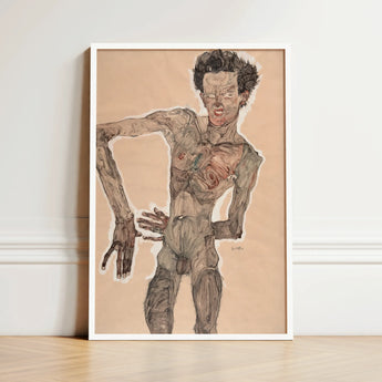 Nude Self-portrait Grimacing - Egon Schiele Art Print / Canvas Framed Artwork Gaunt Expressive Figure Earthy, Austrian Winter Prints