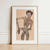 Nude Self-portrait Grimacing - Egon Schiele Art Print / Canvas Framed Artwork Figure Expressive Distorted, Austrian Winter Prints