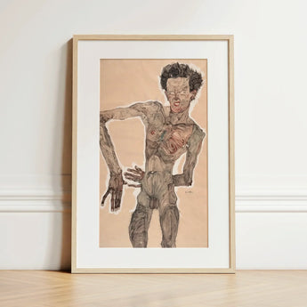 Nude Self-portrait Grimacing - Egon Schiele Art Print / Canvas Framed Artwork Figure Expressive Distorted, Austrian Winter Prints