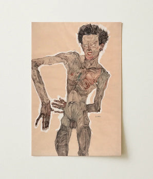 Hauntingly Detailed Lithograph Gaunt Emaciated Figure Dark Curly Egon Schiele Art Print, Austrian Winter