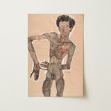 Nude Self-portrait Grimacing - Egon Schiele Art Print / Canvas Hauntingly Detailed Lithograph Gaunt Emaciated Figure Dark Curly, Austrian