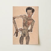 Hauntingly Detailed Lithograph Gaunt Emaciated Figure Dark Curly Egon Schiele Art Print, Austrian Winter