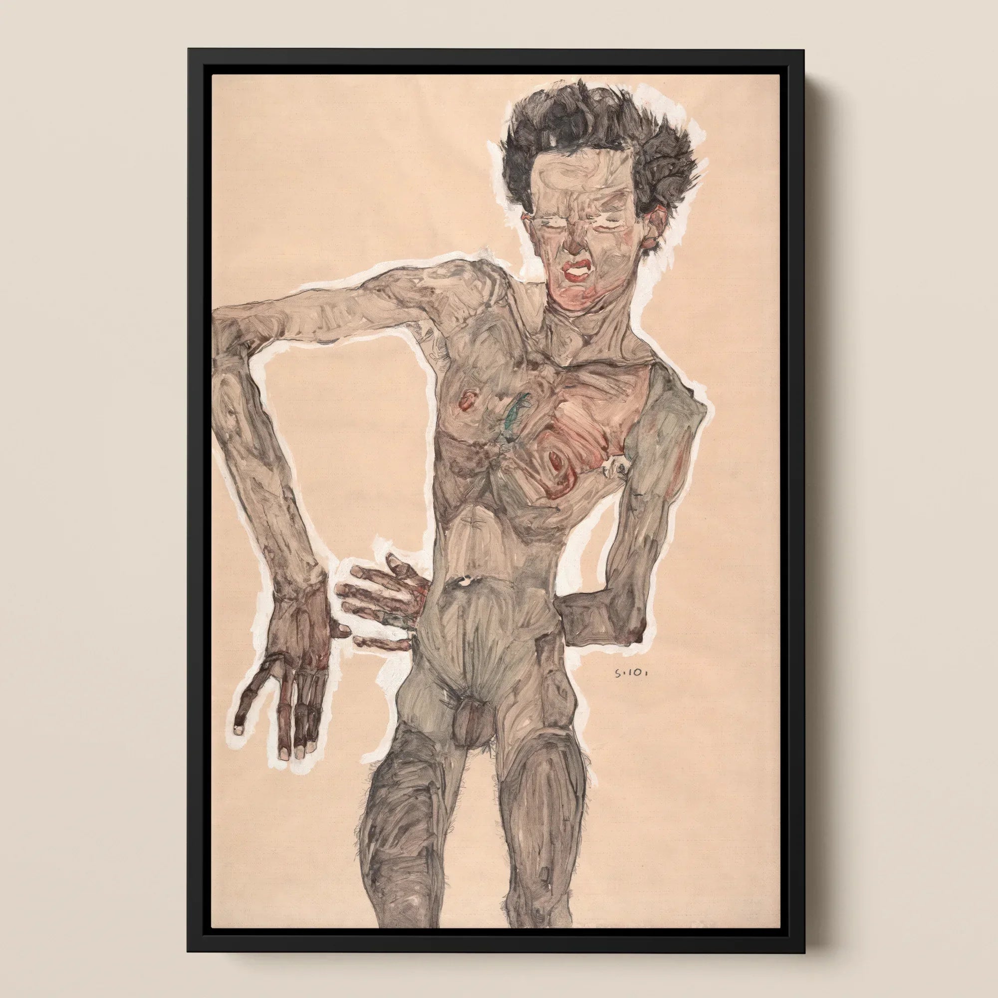 Nude Self-portrait Grimacing - Egon Schiele Framed Canvas, Framed Nude Male Figure