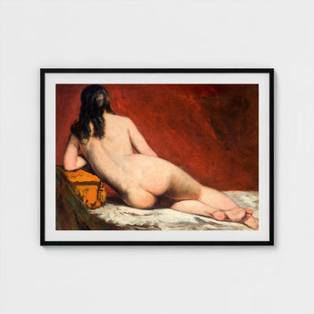 Nude Study of a Reclining Woman - William Etty Art Print / Canvas, Dark Hair Spilling, Yellow Casket Dressed, Rose Madder Marry, Vermillion
