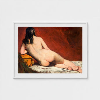 Nude Study of a Reclining Woman - William Etty Art Print / Canvas, Dark Hair Spilling, Yellow Casket Dressed, Rose Madder Marry, Vermillion