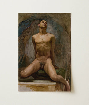 Rectangular Oil Painting Nude Male Figure Detailed Wings Thomas Mckeller Kneels, Inside, Fine Arts Mural, Commission’s, Shadow, Black