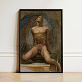 Nude Study of Thomas e Mckeller - John Singer Sargent Art Print / Canvas Framed Painting Male Figure Wings Rendered Earthy Kneels, Inside,