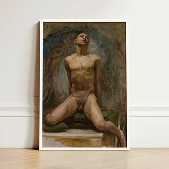 Nude Study of Thomas e Mckeller - John Singer Sargent Art Print / Canvas Framed Painting Male Figure Wings Rendered Earthy Kneels, Inside,