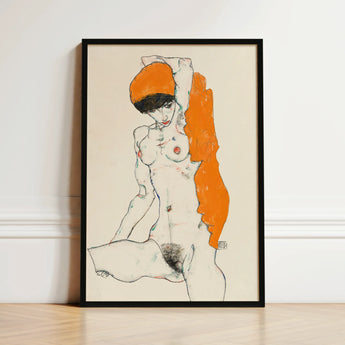 Nude with Orange Drapery - Egon Schiele Art Print / Canvas Framed Artwork Stylized Figure Bold Accents, Entices, Raw Sensuality Prints