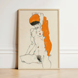 Nude with Orange Drapery - Egon Schiele Art Print / Canvas Framed Schiele-style Artwork Figure Bold, Entices, Raw Sensuality Prints