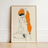 Nude with Orange Drapery - Egon Schiele Art Print / Canvas Framed Artwork Stylized Figure Bold Accents, Entices, Raw Sensuality Prints