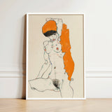 Nude with Orange Drapery - Egon Schiele Art Print / Canvas Framed Artwork Stylized Figure Bold Accents, Entices, Raw Sensuality Prints