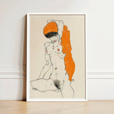 Nude with Orange Drapery - Egon Schiele Art Print / Canvas Framed Artwork Stylized Figure Headpiece Vibrant, Entices, Raw Sensuality Prints