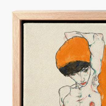 Nude with Orange Drapery - Egon Schiele Art Print / Canvas Framed Stylized Portrait Beret Black, Entices, Raw Sensuality Prints