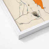 Nude with Orange Drapery - Egon Schiele Art Print / Canvas White Framed Artwork Stylized Abstract Sketch Two Figures, Entices, Raw