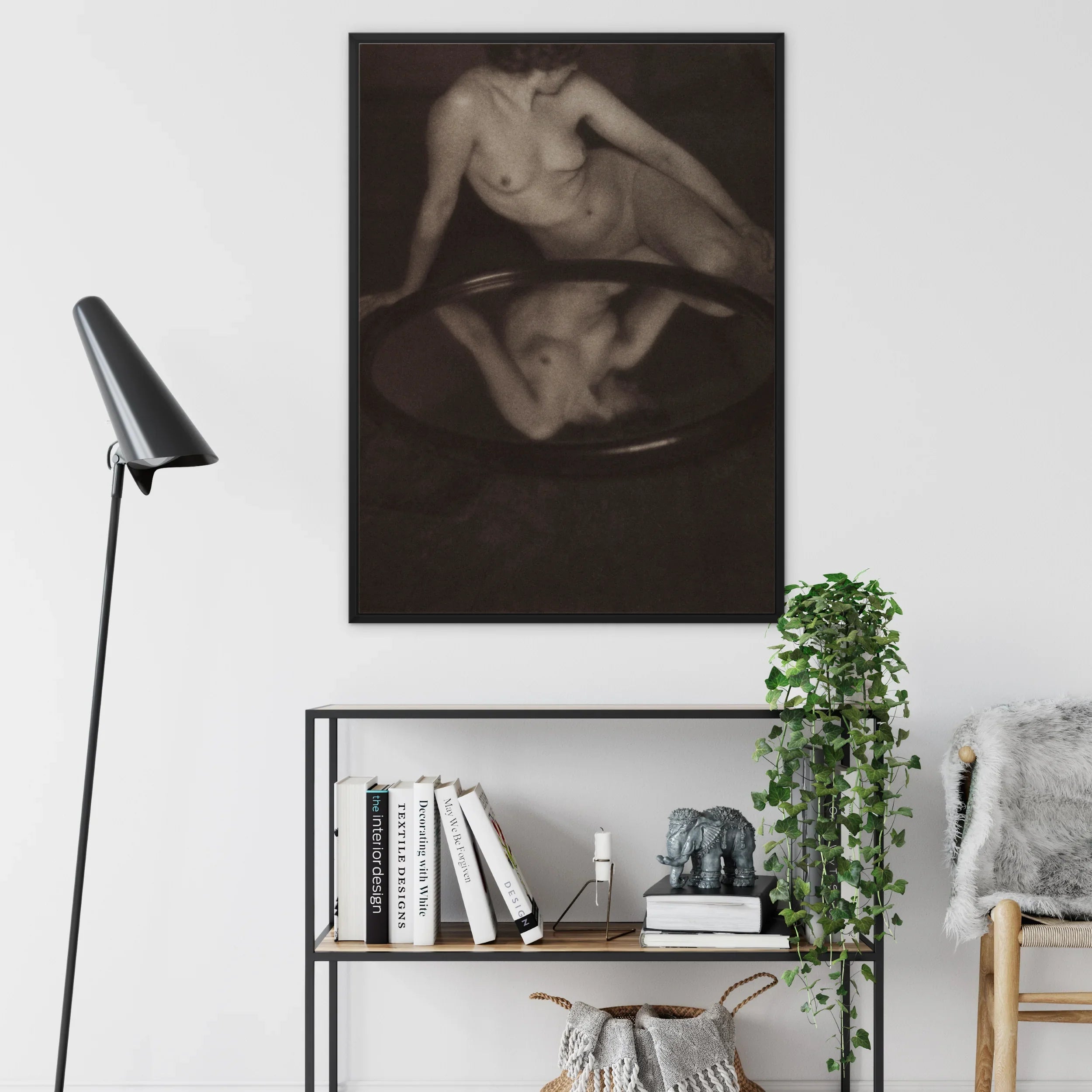 Nude Woman with Mirror - Clarence H. White Framed Canvas, Artistic Black White Nude Photograph Reflection Effect