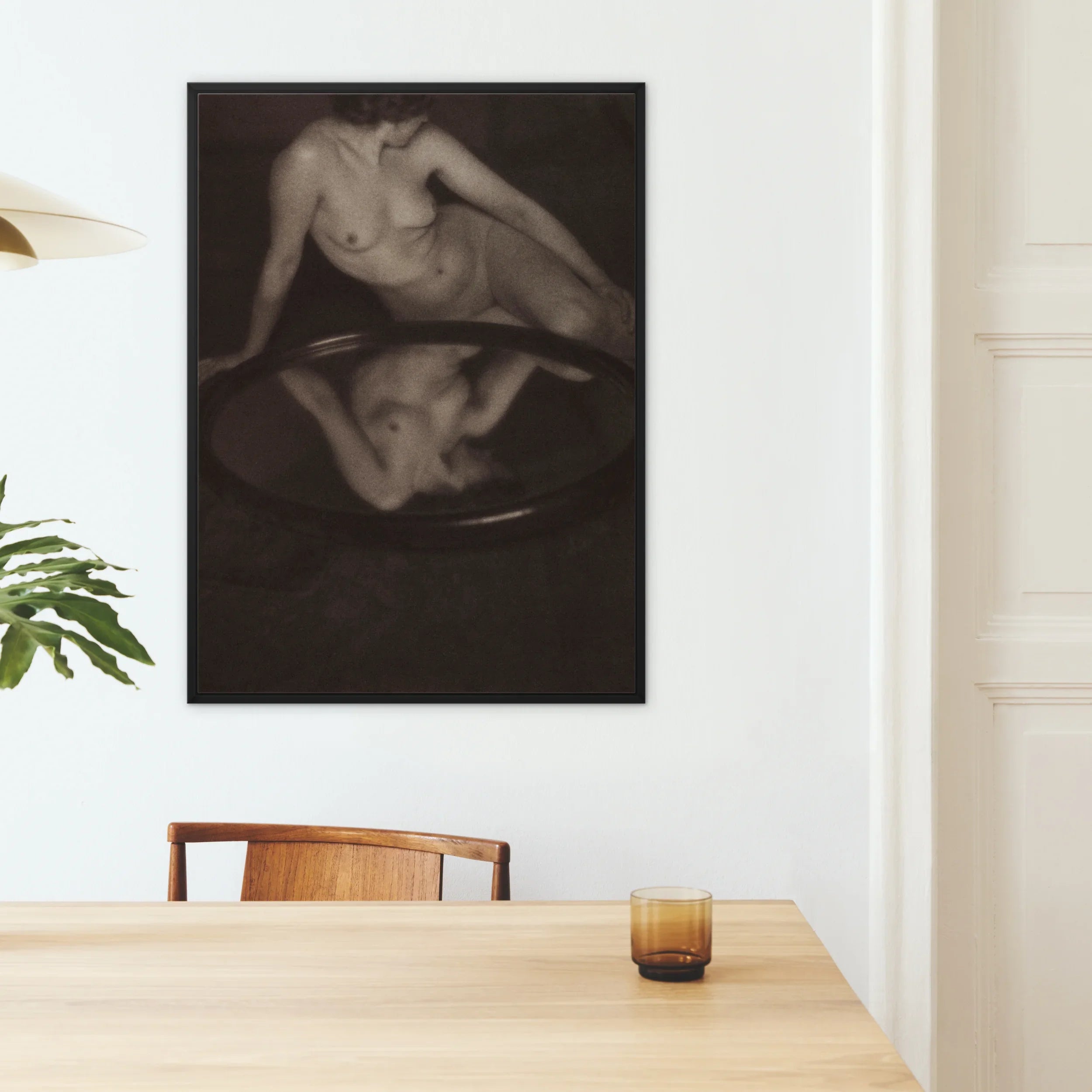 Nude Woman with Mirror - Clarence H. White Framed Canvas, Black White Artistic Nude Photograph Mounted Wall
