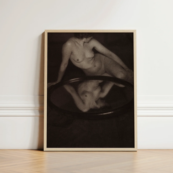 Nude Woman with Mirror - Clarence H. White Art Print / Canvas Framed Black-and-white Artwork Figure Reflected Dark Circular 20th-century