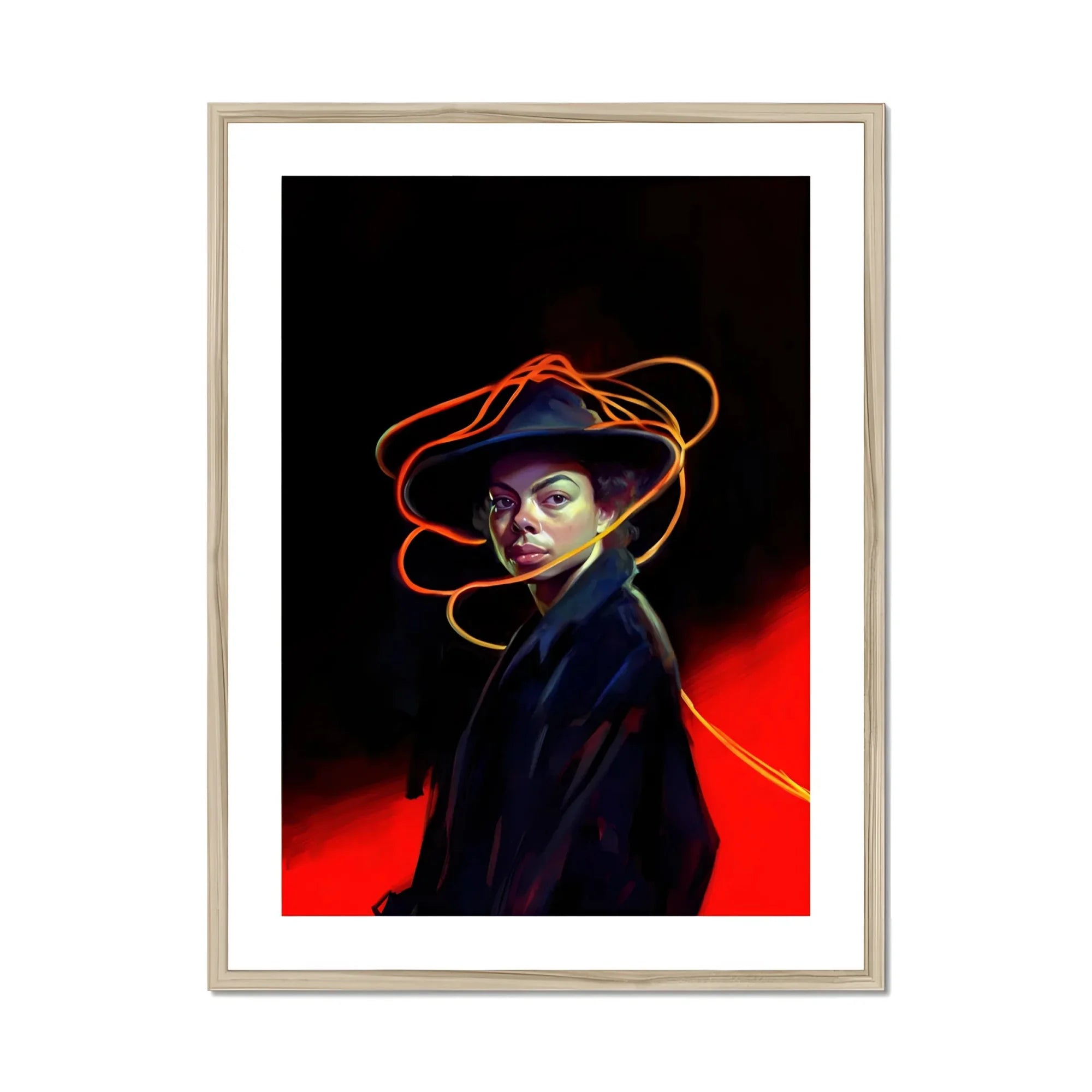 Nyx - Gay Witch Art Print, Artistic Portrait Figure Dark Hat Coat Neon Lines
