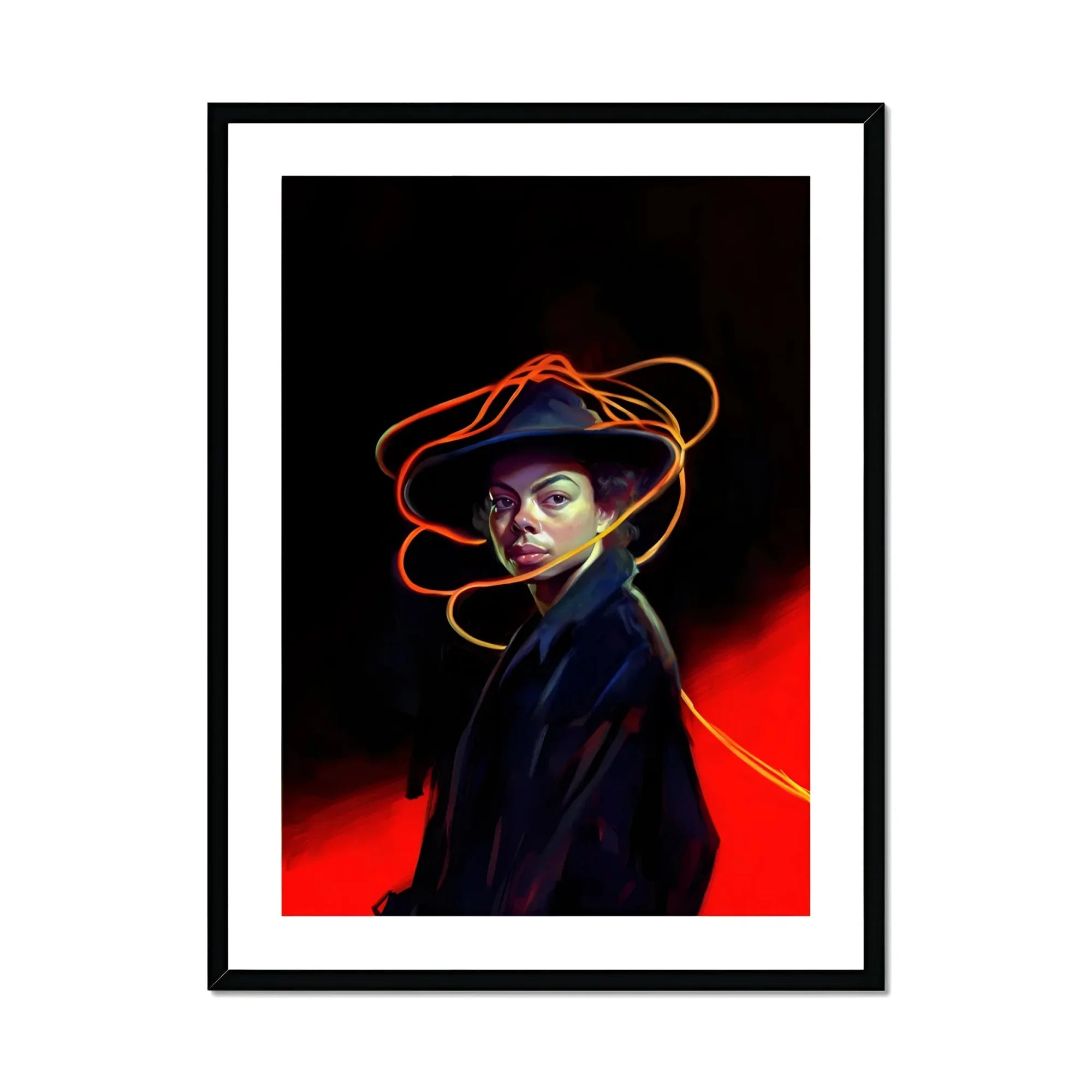 Nyx - Gay Witch Art Print, Artistic Portrait Figure Dark Coat Wide-brimmed Hat Neon