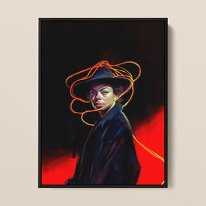 Nyx - Gay Witch Art Framed Canvas, 12x16’’ / 31x41cm / Black Floating Frame, Framed Portrait Woman Hat Rope