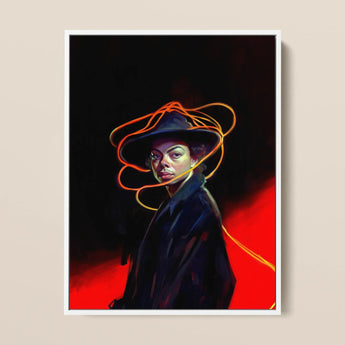 Nyx - Gay Witch Art Framed Canvas, 12x16’’ / 31x41cm / White Floating Frame, Colorful Portrait Person Hat Orange Lines Head