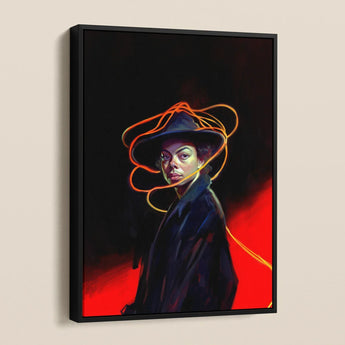 Nyx - Gay Witch Art Framed Canvas, Illustrated Portrait Person Wide-brimmed Hat Orange Lines
