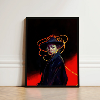 Framed Portrait Woman Black Hat Orange Light Trails Gay Witch Art, Universe Woven, Endless Shadows