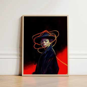 Framed Portrait Woman Dark Hat Coat Accented Orange Gay Witch Art, Universe Woven, Endless Shadows