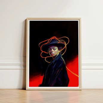 Framed Digital Artwork Portrait Woman Black Hat Orange Gay Witch Art, Universe Woven, Endless Shadows