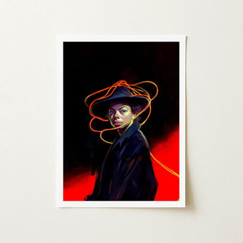 Nyx - Gay Witch Art Print / Canvas Framed Digital Artwork Woman Black Hat Orange Light, Universe Woven, Endless Shadows Prints