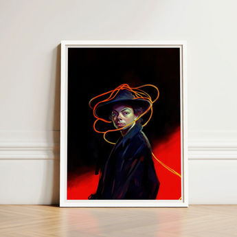 Framed Portrait Woman Dark Hat Coat Surrounded Orange Gay Witch Art, Universe Woven, Endless Shadows