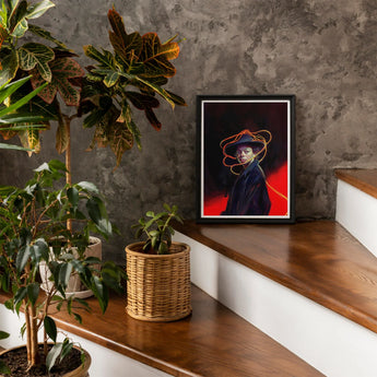 Nyx - Gay Witch Art Print, Framed Portrait Figure Hat Red Background