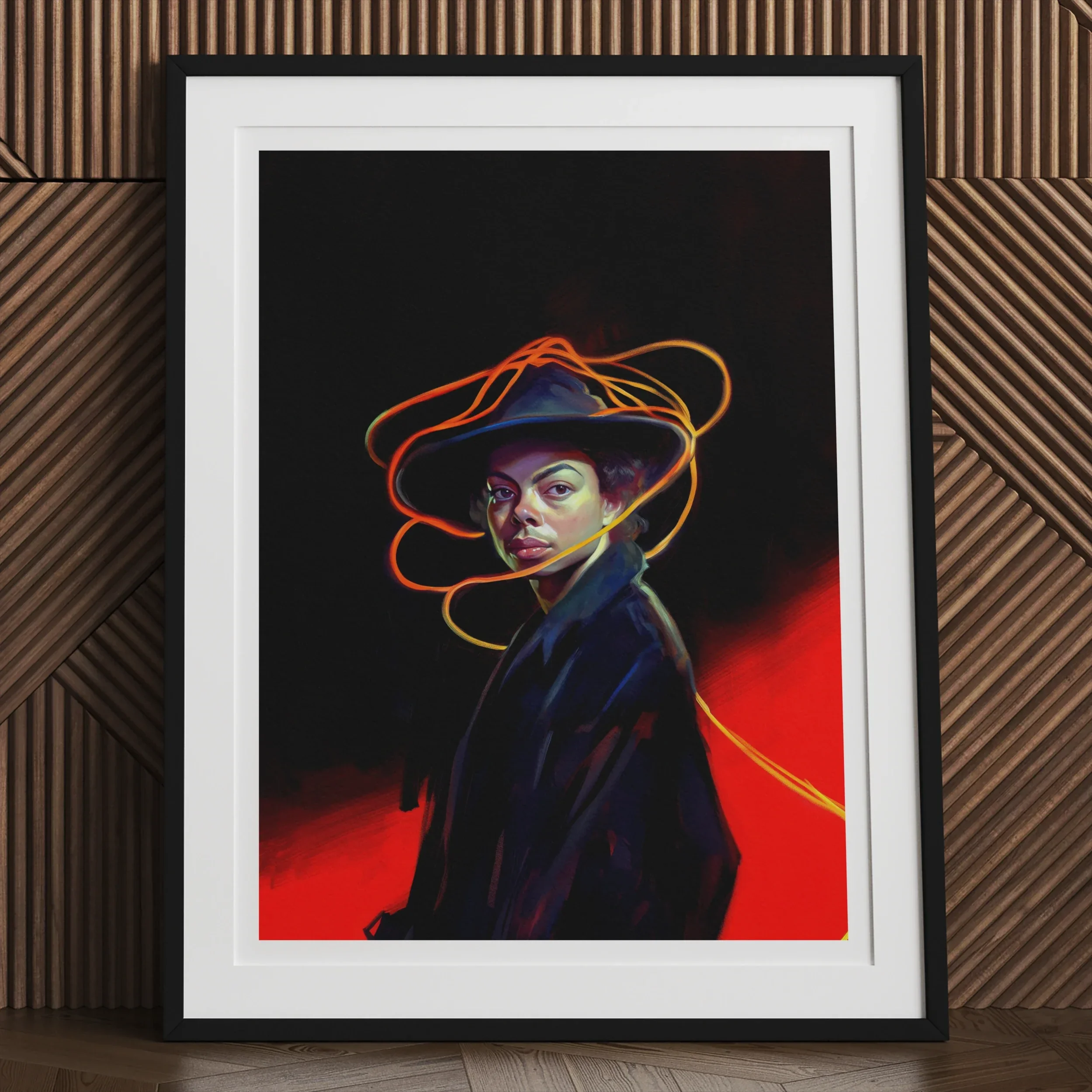 Nyx - Gay Witch Art Print, Framed Portrait Painting Figure Hat Neon Lines Head