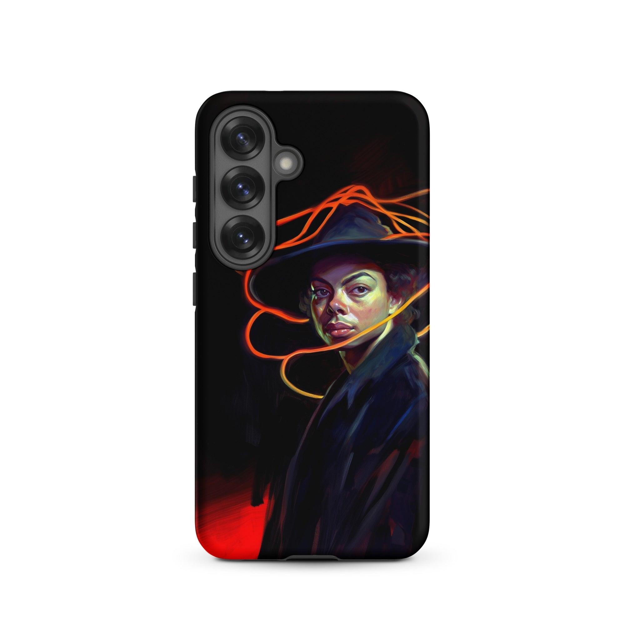 Nyx - Gay Witch Samsung Case, Galaxy S25 / Matte, Black Smartphone Case Stylized Portrait Person Hat Orange