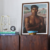 O Mestico - Candido Portinari Brazilian Art Print, Framed Portrait Painting Shirtless Boxer Desert Landscape