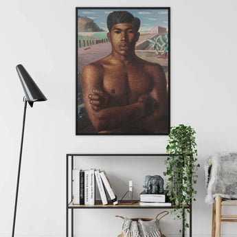 O Mestico - Candido Portinari Brazilian Framed Canvas, Framed Portrait Painting Shirtless Person Desert Landscape Backdrop