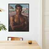 O Mestico - Candido Portinari Brazilian Framed Canvas, Framed Portrait Painting Shirtless Person Desert-like Background