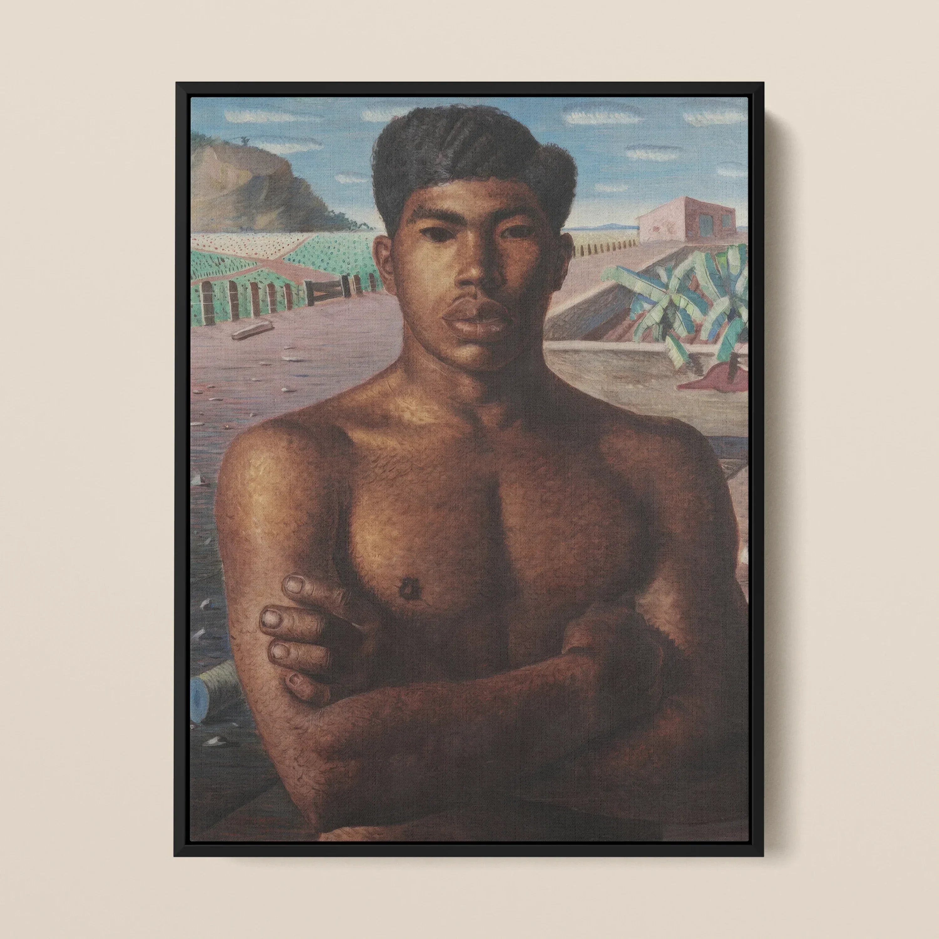 O Mestico Candido Portinari Brazilian Framed Canvas, Portrait Painting Shirtless Young Man Expression