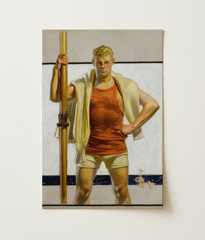 Vintage-style Oil Painting Muscular Man Orange Tank White Oarsman Distills Competitive, Rowing, Leyendecker Art Print, Unwavering Discipline