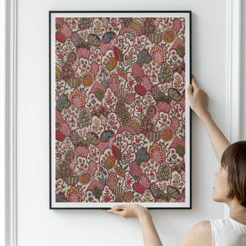 Oberkampf & Cie Floral Pattern Fabric Art Print, Framed Artwork Intricate Floral Paisley Pattern Warm Earthy