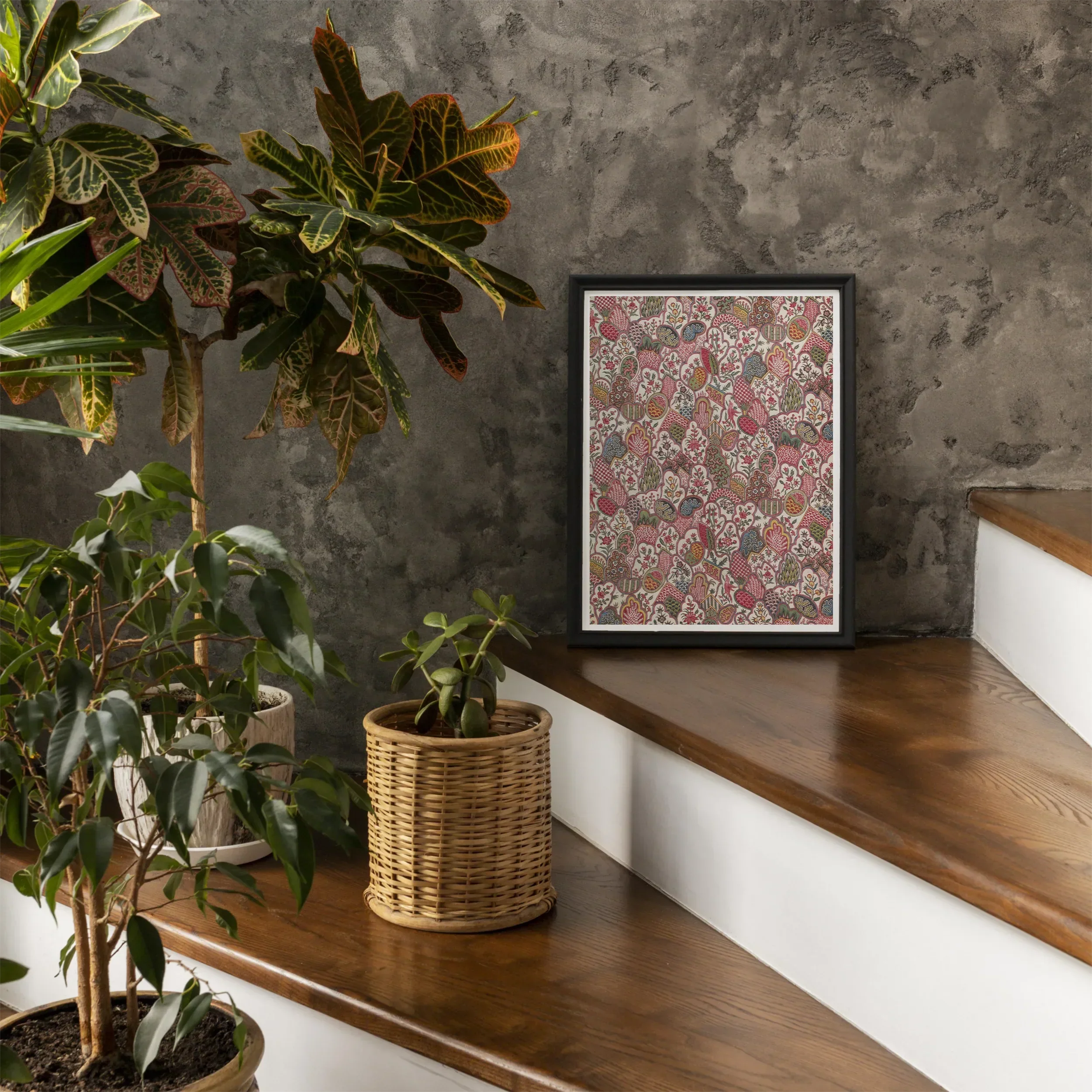 Oberkampf & Cie Floral Pattern Fabric Art Print, Framed Artwork Pink Floral Leaf Pattern Design